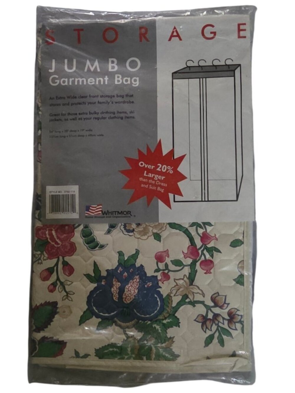Vintage NOS MCM Whitmor Jumbo Quilted Storage Floral Garment Bag 54"x20"x19"